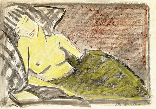 Reclining Woman, c. 1925 (coloured wax crayons over brush and black ink on paper)