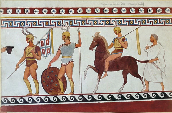 Reconstruction of tomb painting from Paestum depicting Greek foot soldiers and cavalry