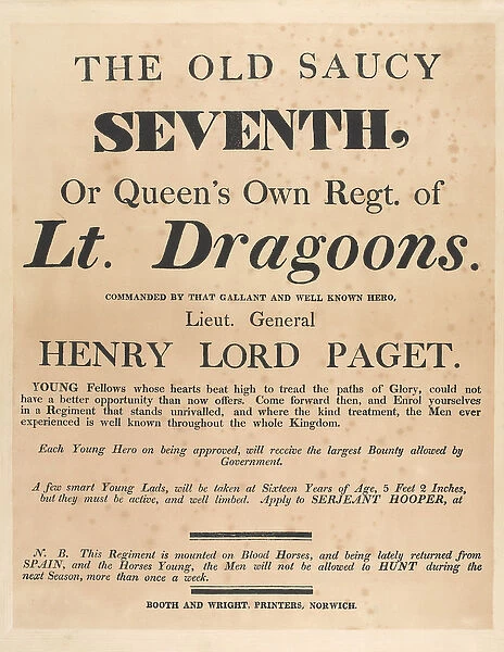 Recruiting poster for the 7th (or The Queens Own) Regiment of (Light Dragoons)