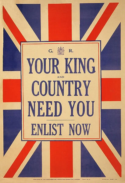 Recruitment Poster 'Your King and Country Need You', 1914 (colour litho)