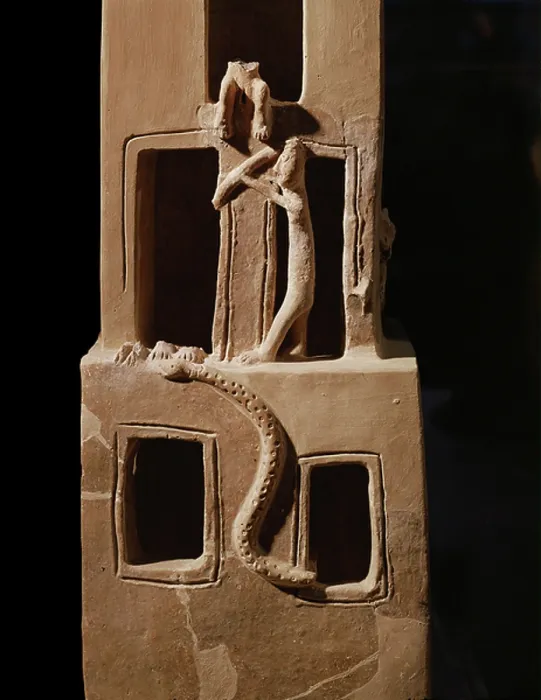 Framed Print : Rectangular incense stand shaped like a two-storied house with windows, human figures and serpents