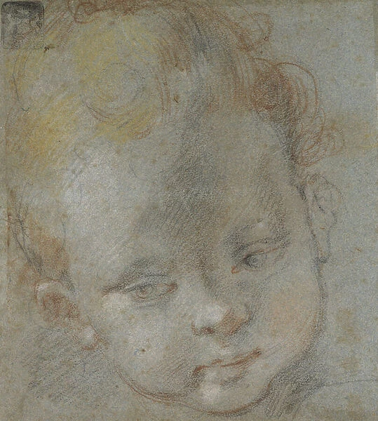 Recto: Head of a Child (black, red, white, pink, and yellow chalks on bluish-grey paper)