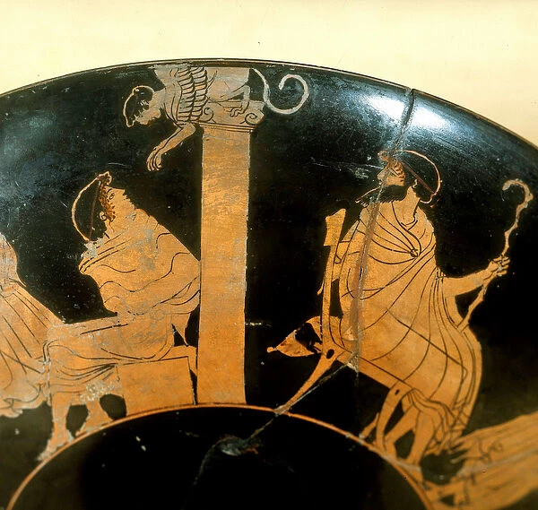 Red ceramic figure cup representing 'Oedipus and sphinx'