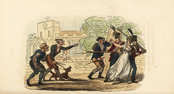 Two red-coat soldiers running off with a tailors wife, Georgian, 1831 (engraving)