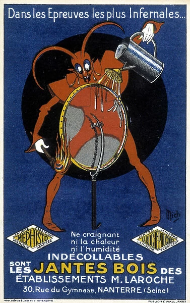 Red devil in front of a bike wheel illustrating an ad for the wooden rims of Laroche