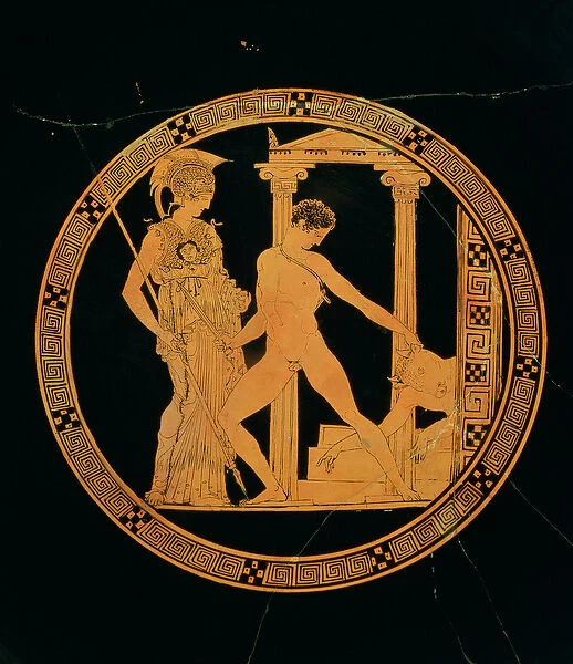 Red-figure cup depicting Athena, Theseus and the Minotaur (pottery)