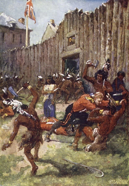 Red indians attacking the English (colour litho)
