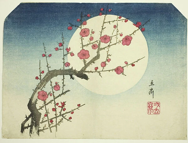 A Red Plum Branch against the Summer Moon, c. 1840 (colour woodblock print; uchiwa-e)