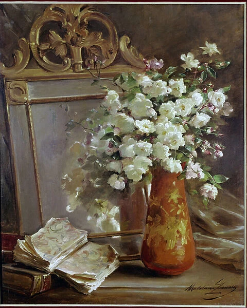 The red vase still life with mirror, bouquet of flowers and book