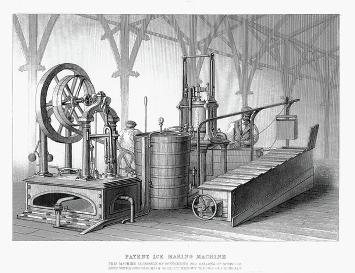 Framed Print : Refrigeration using Ether: Siebe & Harrison's ice making machine, using compression of air followed by its sudden expansion to freeze water