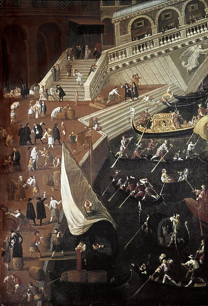 Regate at the Ponte di Rialto in Venice, detail of the docks (Painting, 16th century)