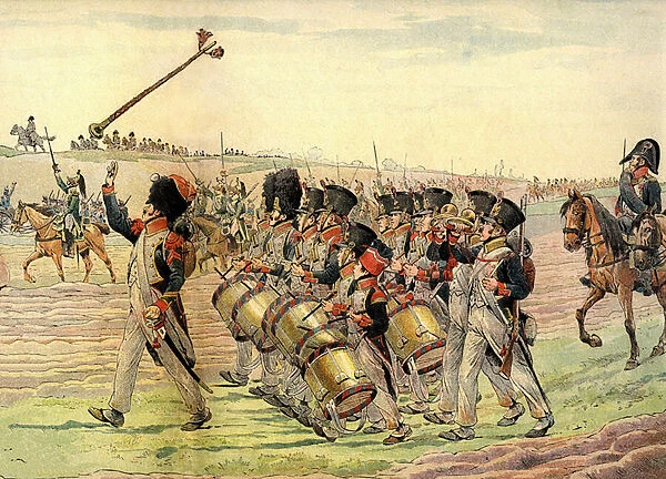 Regiment of the Napoleonic Army marching to battle at the sound of music, c. 1900 (print)