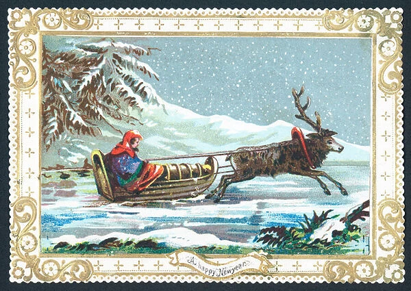 Reindeer pulling sledge, New Year Card (chromolitho)