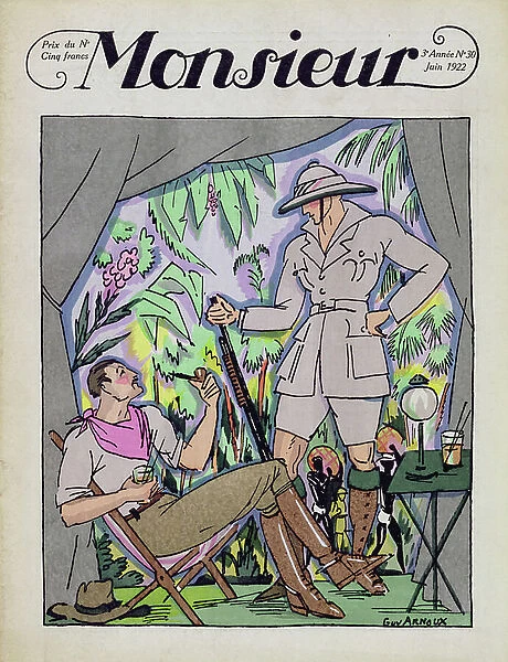 Relaxing after the Safari, front cover, issue 30, Monsieur magazine, pub. 1922 (pochoir print)