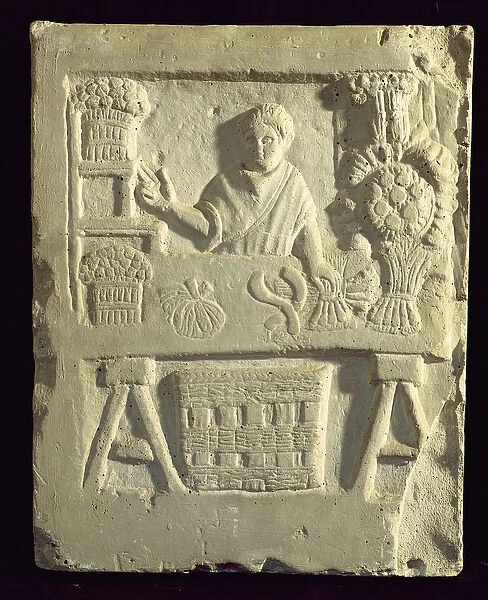 Relief depicting a flower and vegetable seller (stone)