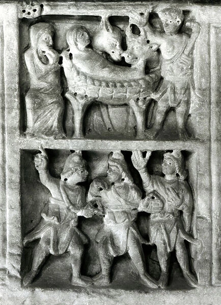 Detail of a relief from the Sarcophagus of the Nativity (stone) (b  /  w photo)