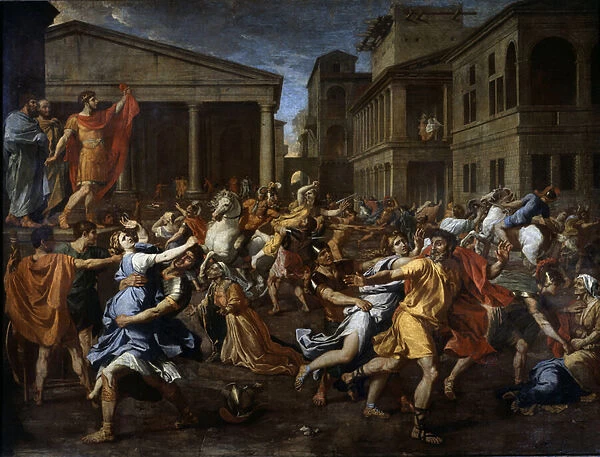 The removal of the sabines by the Romans. Romulus on the left observes the scene. Painting by Nicolas Poussin (1594-1665), 17th century. Oil on canvas. Dim: 1, 59 x 2, 06m