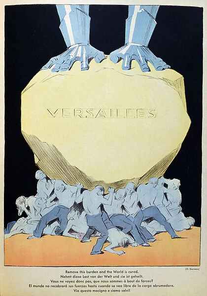 Remove this Burden and the World is Cured, caricature of Germany crushed by the Treaty of Versailles, 1931 (colour litho)