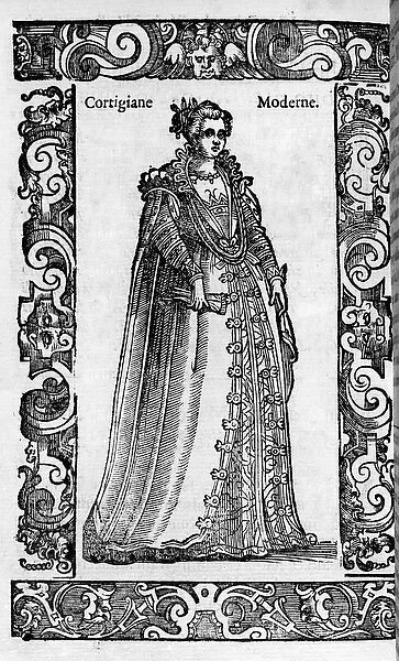 Renaissance: a Roman courtesan in the 16th century. Engraving from '