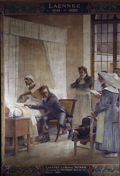 Rene Laennec auditing a phtic in front of her students. Rene-Theophile-Hyacinthe Laennec