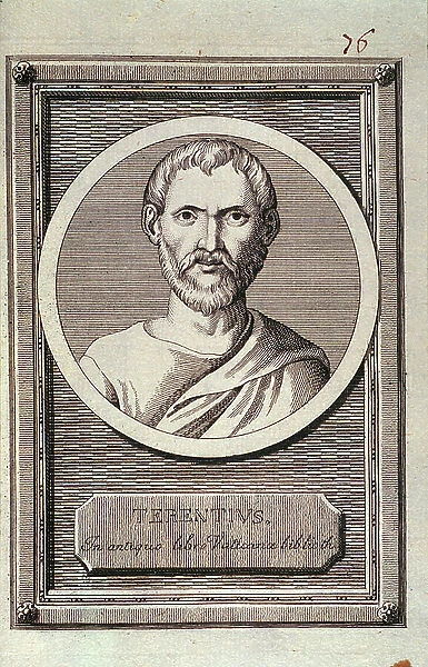 Representation of comic poet Terence (Publius Terentius Aper) (190-145 BC). Engraving taken from ' Galleria degli antichi greci e romani ' 1784