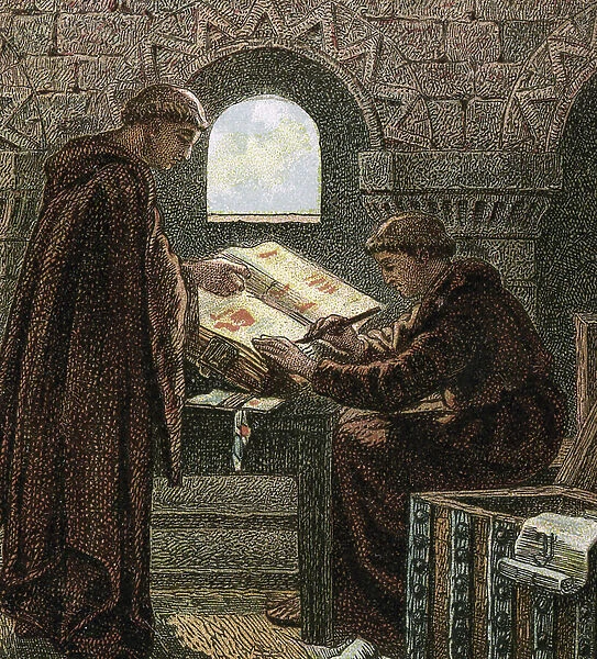 Representation of copyist monks writing the manuscript of the Domesday book, 1867 (engraving)