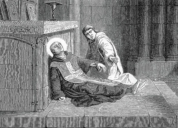 Representation of the death of Saint Andre Avellin (1521-1608) (Avellino or Lancelot Avellin) (Saint Andrew (Andrea) Avellino). 19th century (engraving)