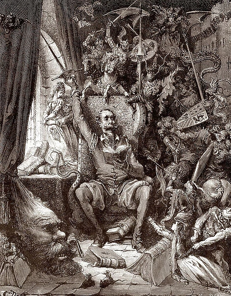 Representation of Don Quixote in his library surrounded by the creatures of his books Engraving by Gustave Dore (1832-1883) for 'L'Ingenieux Hidalgo Don Quixote de la Manche (Quixote - Quijote)"