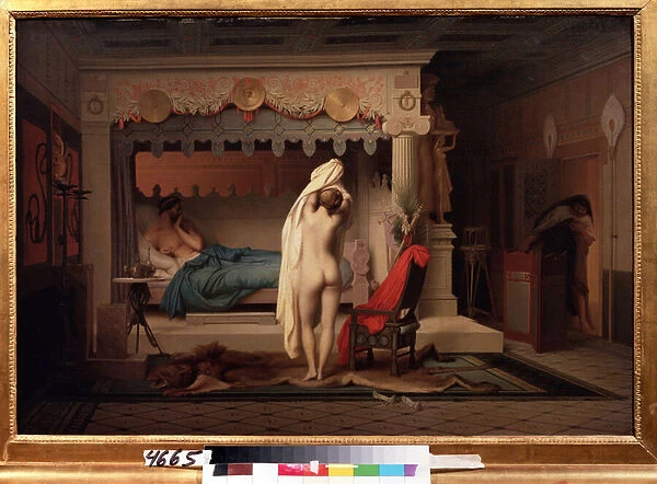 'Representation du roi de Lydie Candaule (ou Caudale)'Le roi montre sa femme nue a son confident Gyges, cache dans l ombre au moment ou elle se deshabille dans la chambre a coucher