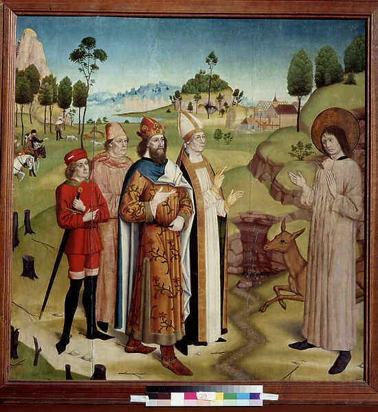 'Representation de la rencontre du roi wisigoth Wamba (672-680 apres JC) et de saint Gilles l ermite (ou Aegidius) (7eme siecle), blesse par la fleche d un chasseur