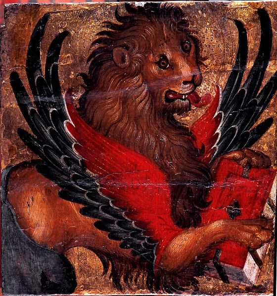 Representation of the Lion of St. Mark. Painting on wood by Venetian artist. 15th century Sun. 34x34 cm Venice, Museo Correr