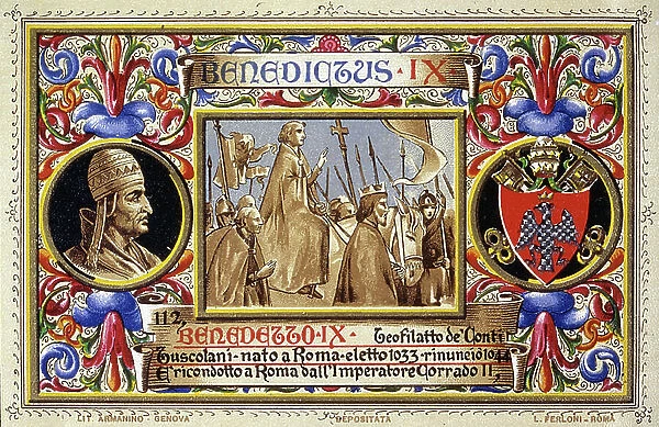 Representation of Pope Benedict IX (Benedetto 9) (1033-1044). Chromolithography from 1903