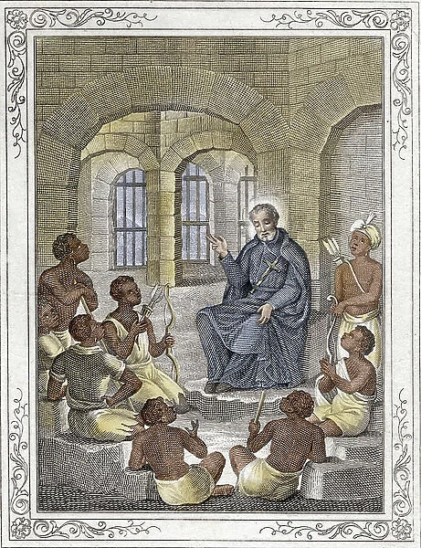 Representation of Saint Peter Claver (1580-1654) Jesuit among his disciples Engraving circa 1850