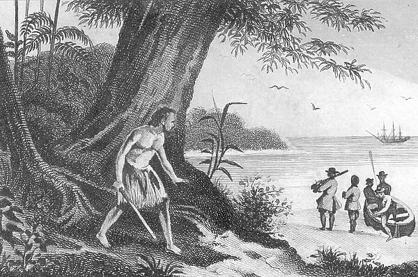 Representation of Scottish er Alexander Selkirk (Alexandre Selcraig) (1676-1721) sighting William Dampier's sailors on his island - He survived for four years on a deserte island and inspired Daniel Defoe the character of Robinson Crusoe