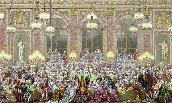 Representation of a sitting of ' Jeu du roi' at the court of king Louis XV, the king's game, 18th century Engraving from ' 18th century - Institutions: usages et costumes, France' by Paul Lacroix