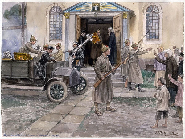 Requisition (confiscation) des tresors d une eglise de Saint Petersbourg, le 5 mai 1922 - Requisition of the church treasures in Petrograd 5th May 1922 (from the series of watercolors Russian revolution) - Vladimirov