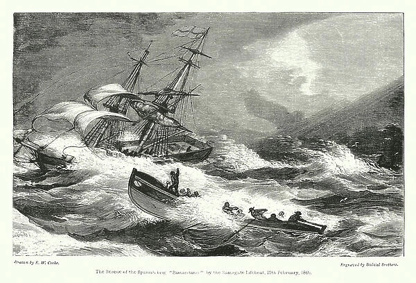 Rescue of the Spanish brig Samaritano by the Ramsgate Lifeboat, 12 February 1860 (engraving)