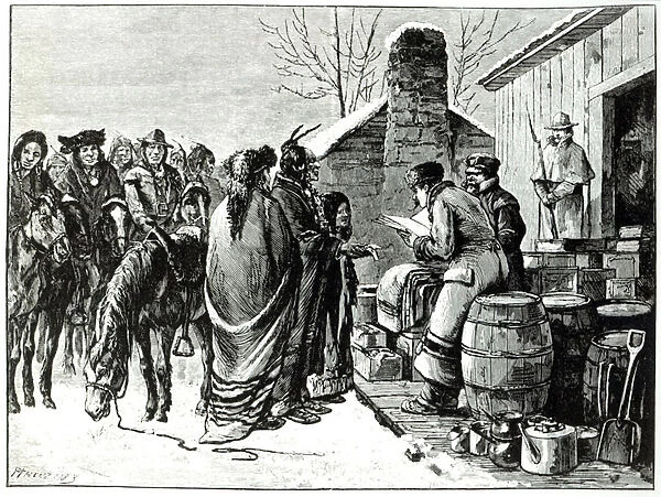 Reservation Indians receving rations from government agents (engraving)