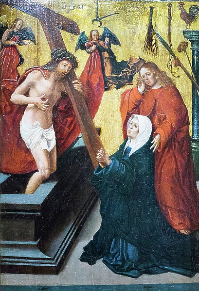 Resurrected Christ with the symbol of the passion appearing to the Madonna and Saint John the Evangelist