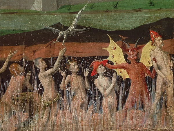 Resurrection of the dead, demon, detail from the Coronation of the Virgin, 1453-54