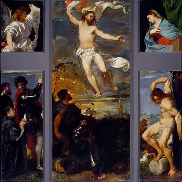 The resurrection, The Virgin, Saint Sebastian and the sponsors. Averoldi polyptych