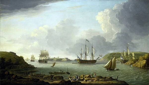 Return of a fleet to Plymouth (England), description of the city and the bay, including Drake Island and Edgcumbe Mountain. Oil on canvas, 1766, by Dominic Serres (1719-1793)