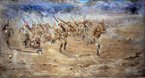 Return of the Fore and Aft, Gloucestershire Regiment advancing to the attack