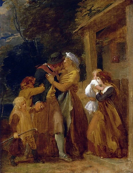 The return of the sailor, reuniting with his family on the threshold of his cottage. Oil on canvas, 18th century, by Thomas Stothard (1755-1834)