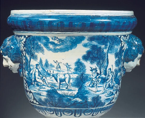 Reverse detail of large Delft blue and white mythological garden urn in the Baroque style