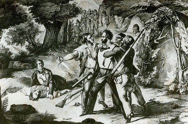 Revolution against the Bourbons in Calabria: death of Domenico Romeo (1796-1847) and capture of Pietro Aristeo Romeo (1817-1886). They were both members of the Carbonari movement (Coal, Carboneria) Lithograph of the late 19th century