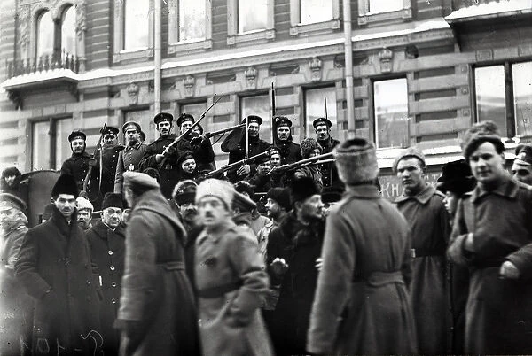 Revolutionary soldiers and sailors in the streets of Petrograd, February 1917 (b  /  w photo)