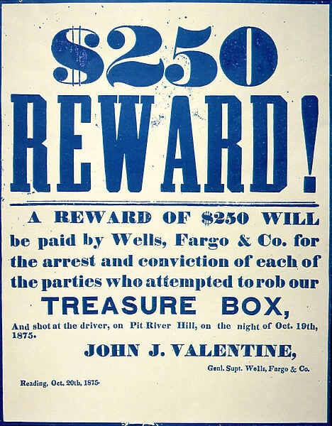 Reward poster for the attempted robbery of the Wells Fargo Treasure Box