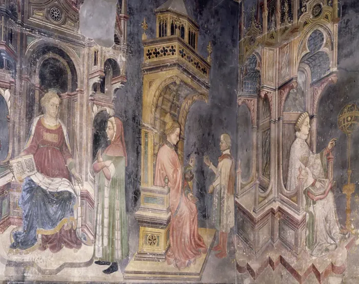 Framed Print : Rhetoric, arithmetic, astronomy, scenes from Liberal Arts, 1411-1412, by Gentile da Fabriano (ca 1370- 1427), fresco, Hall of Liberal Arts and of Planets, Trinci palace, Foligno, Umbria, Detail, Italy, 15th century