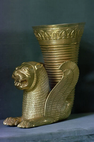 Rhyton in the shape of a seated lion-monster, from Hamadan, Iran (gold)